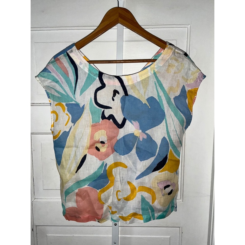 Rachel Zoe 100% Linen Floral Button Front Top Size S Abstract Multicolor Boho